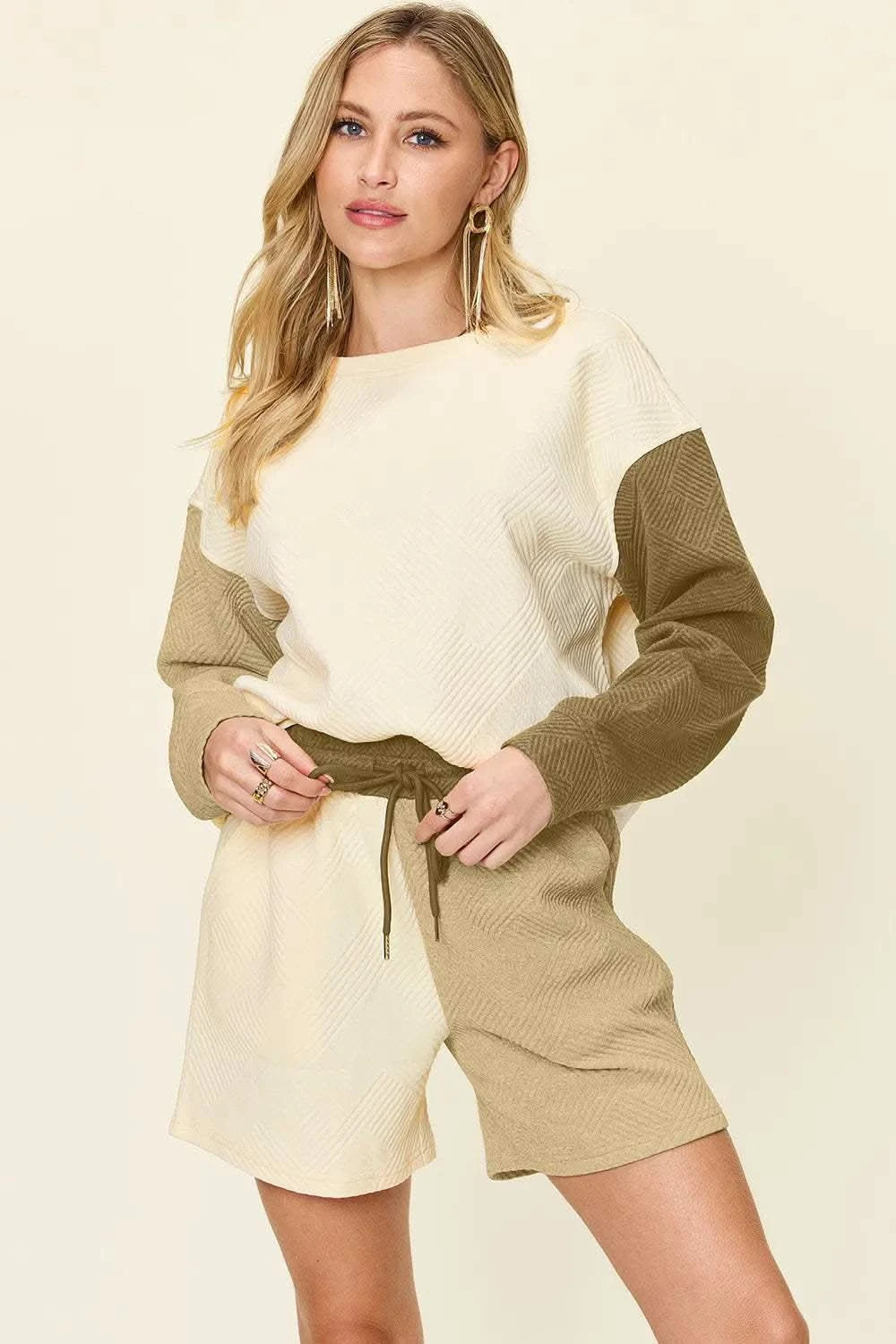Double Take Full Size Contrast Drop Shoulder Top and Shorts Set in Khaki - photo