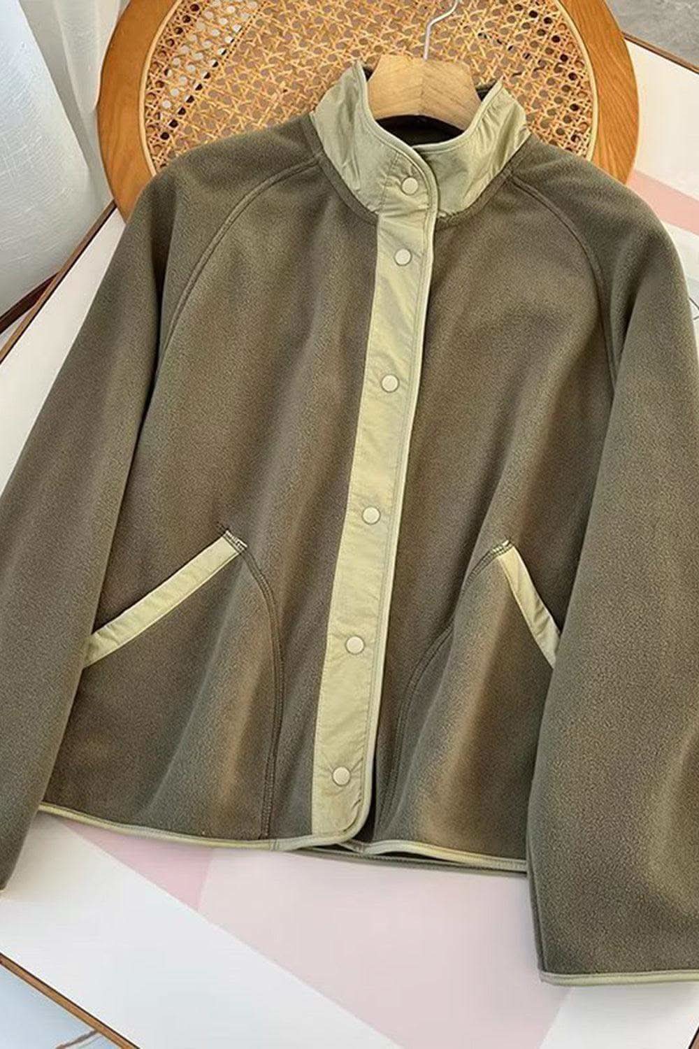 Double Take Snap Down Contrast Fleece Jacket with Pockets in - photo