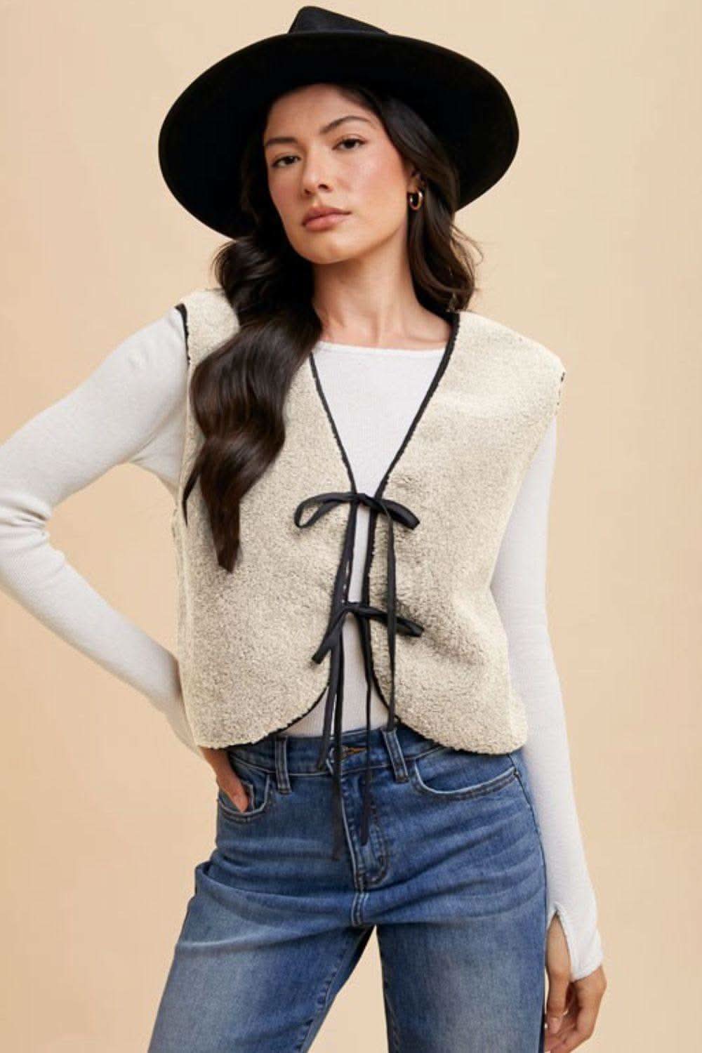 Annie Wear V-Neck Tie Detail Vest Coat - SwagglyLife Home & Fashion Annie Wear V-Neck Tie Detail Vest Coat - SwagglyLife Home & Fashion
