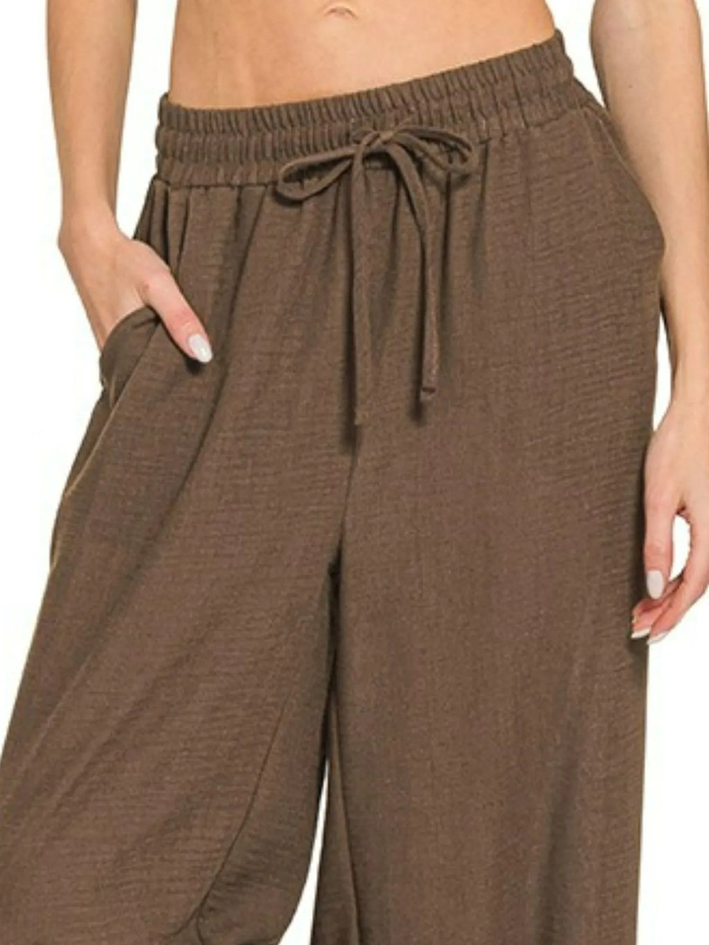 Zenana Woven Crepe Elastic Band Pants in - photo