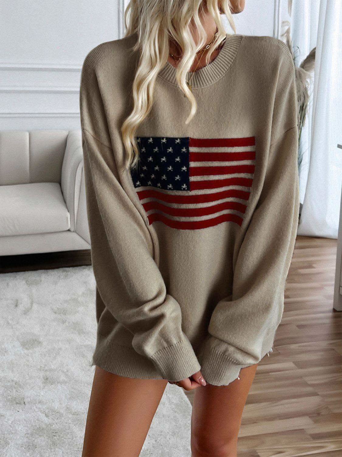 Devine US Flag Round Neck Long Sleeve Knit Top - SwagglyLife Home & Fashion Devine US Flag Round Neck Long Sleeve Knit Top - SwagglyLife Home & Fashion