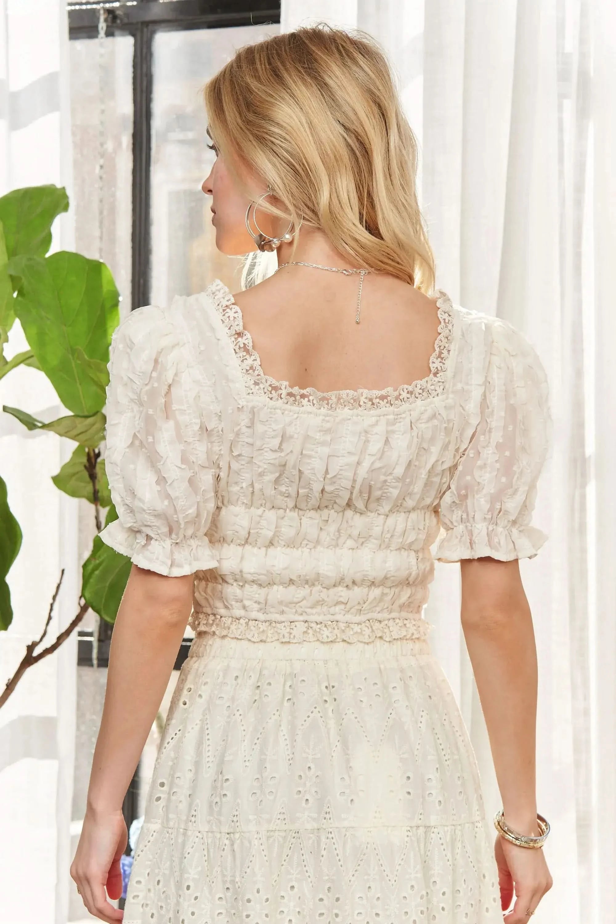 ADORA Lace Smocked Waist Peasant Top - SwagglyLife Home & Fashion ADORA Lace Smocked Waist Peasant Top - SwagglyLife Home & Fashion