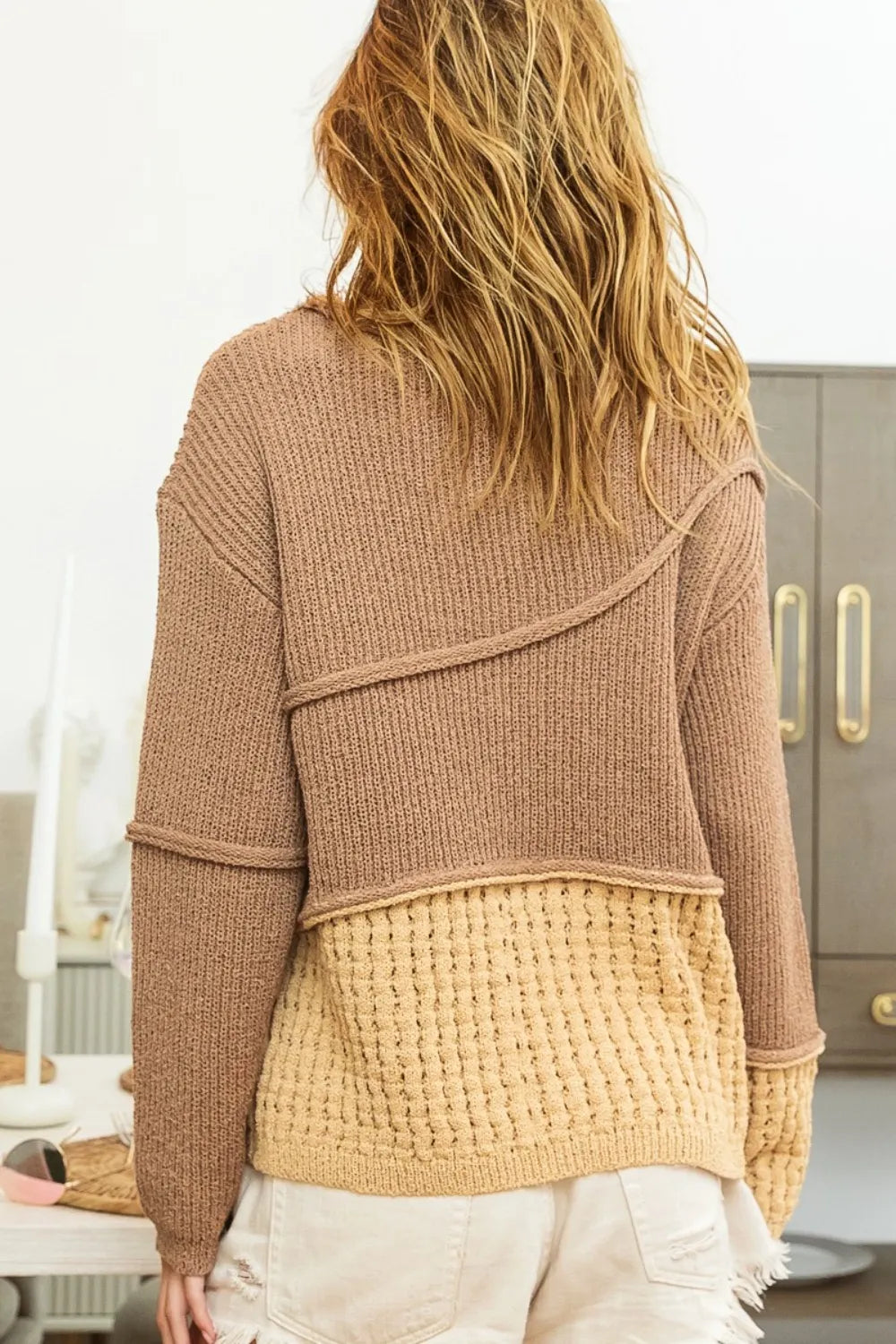 BiBi Texture Detail Contrast Drop Shoulder Sweater - SwagglyLife Home & Fashion