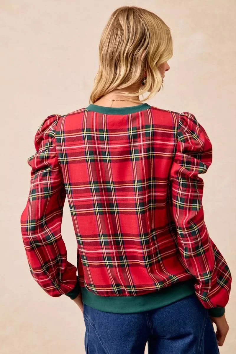 BiBi Christmas Plaid Exaggerated Shoulder Sleeves Top in - photo