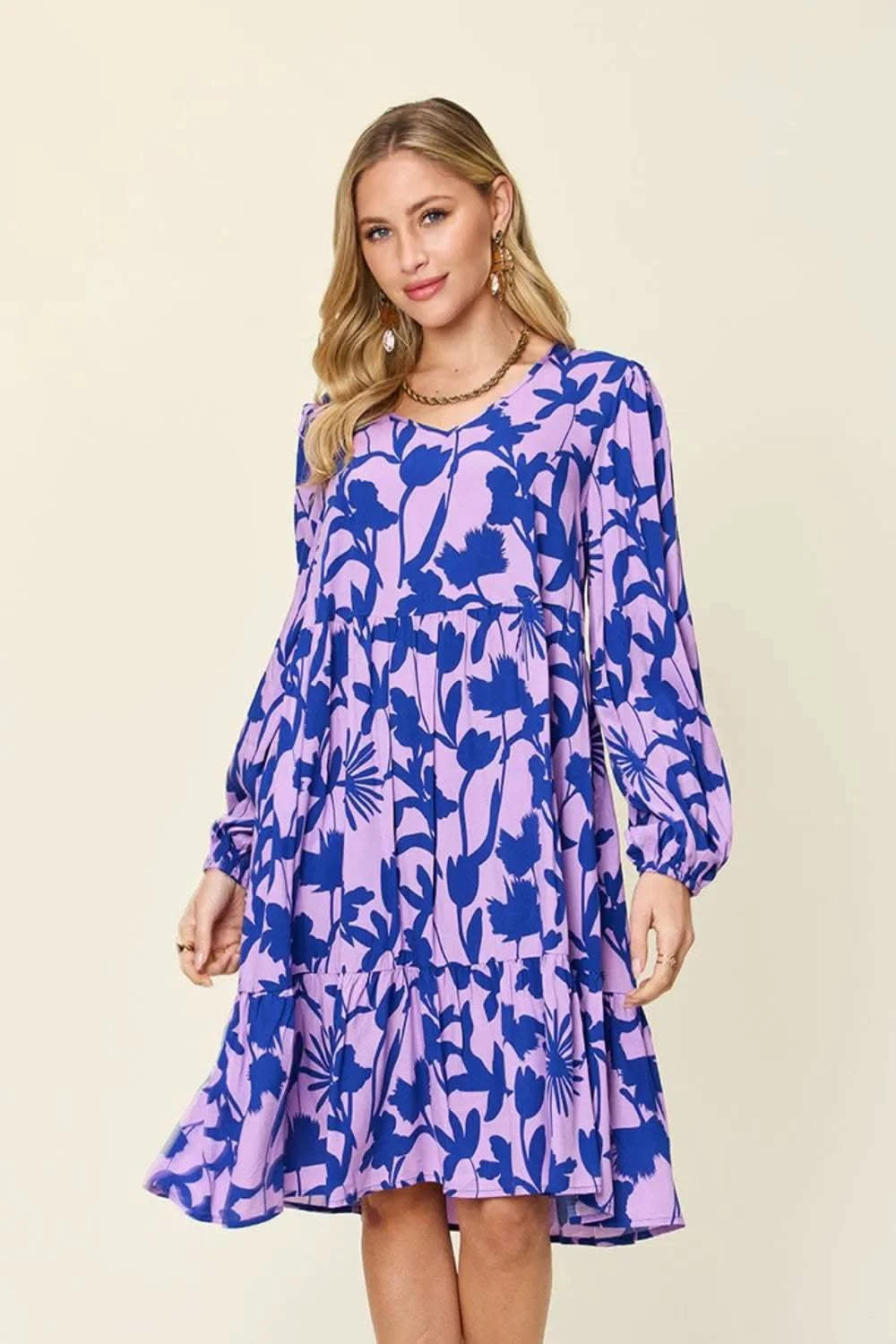 Double Take Full Size Printed Ruffle Hem Dress with Pocket in Lavender - photo