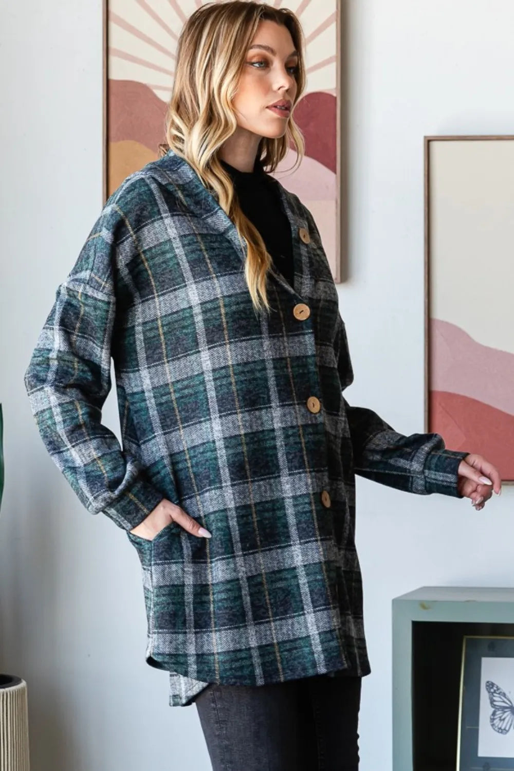 Heimish Plaid Button Down Long Sleeve Hooded Cardigan - SwagglyLife Home & Fashion