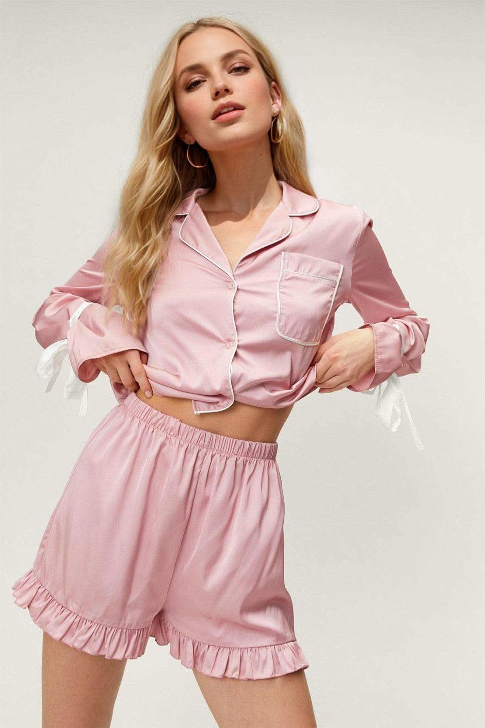 Basic Bae Tied Cuff Collared Neck Top and Frill Shorts Lounge Set - SwagglyLife Home & Fashion