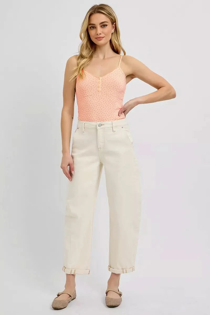 RISEN High Rise Relaxed Barrel Cuffed Jeans in - photo