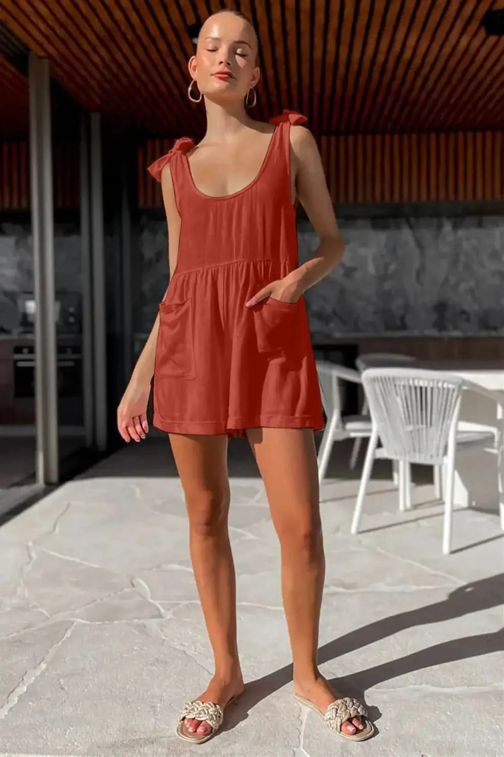 Full Size Scoop Neck Tie Shoulder Romper in - photo