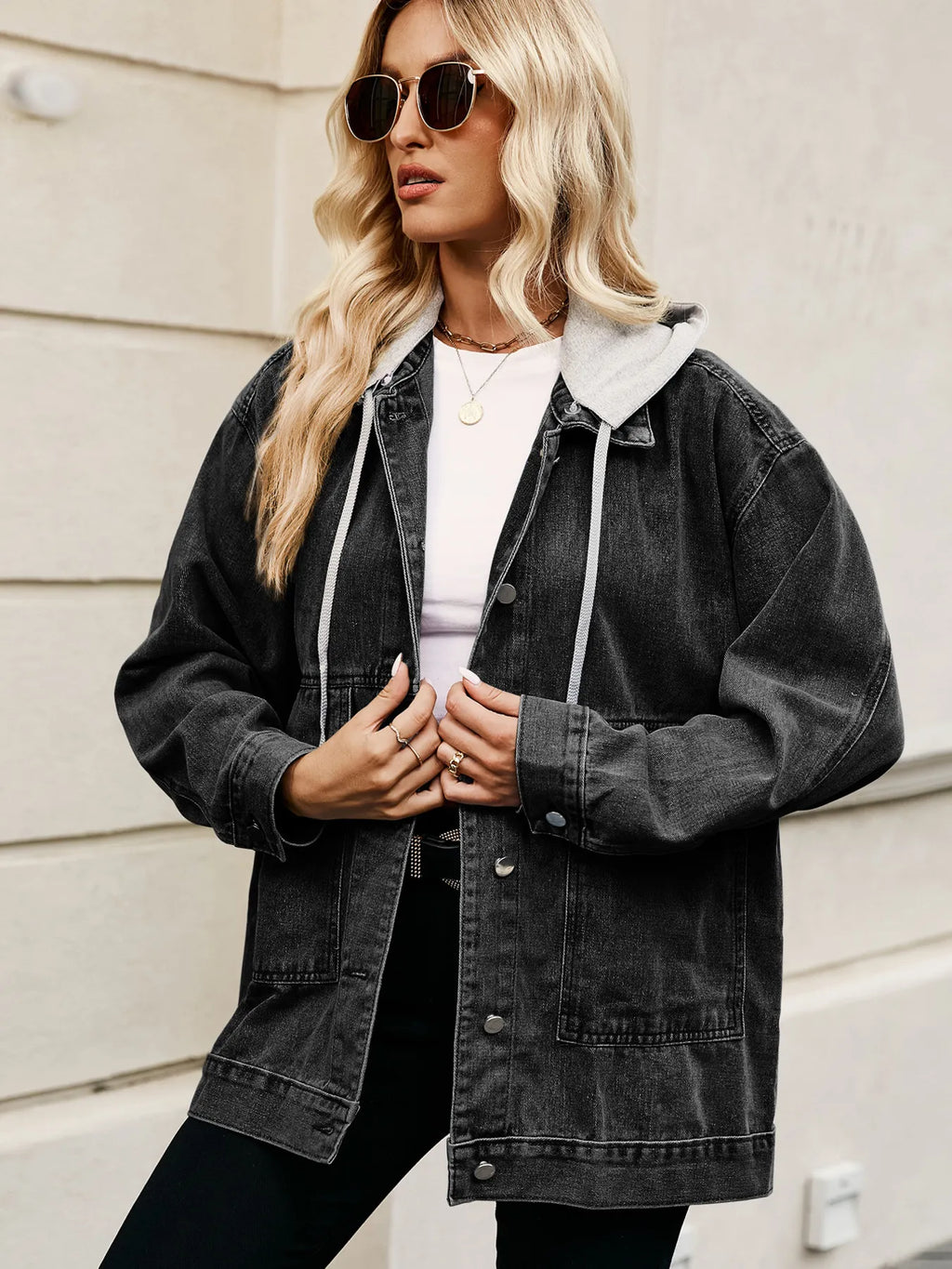 Oversized Button Up Denim Jacket with Hood in Black - photo