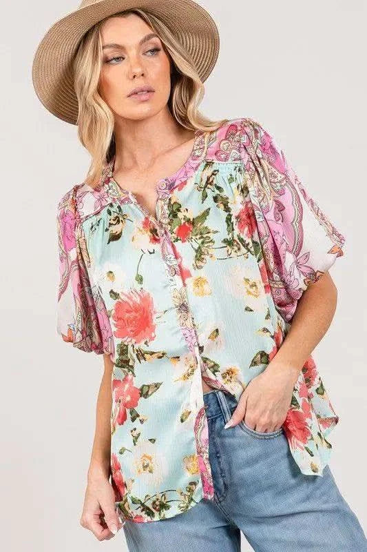 SAGE+FIG Plus Size Floral Mineral Wash French Terry Button Up Shirt in - photo