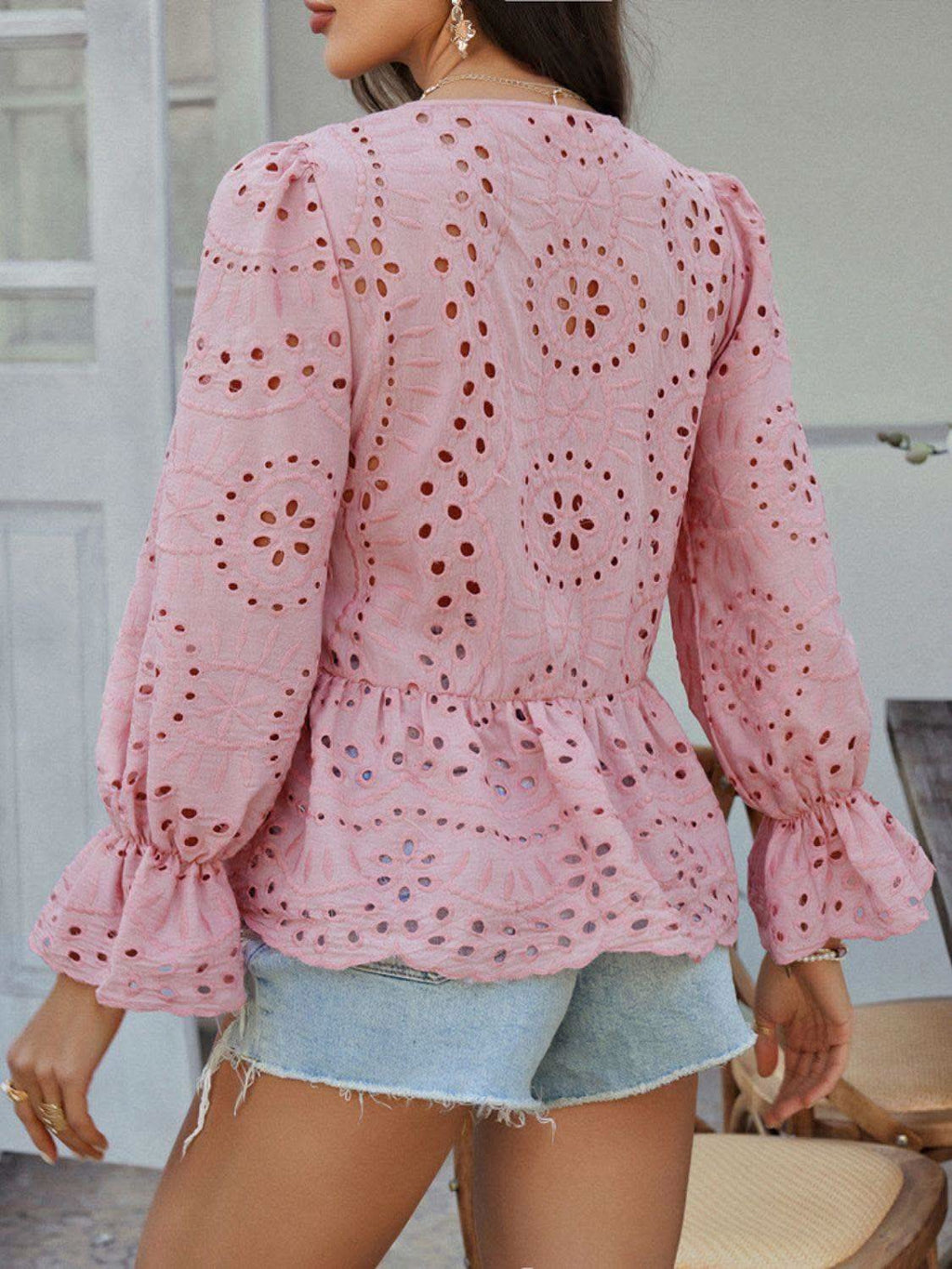 Devine Tie Front Flounce Sleeve Peplum Blouse in - Blouses photo