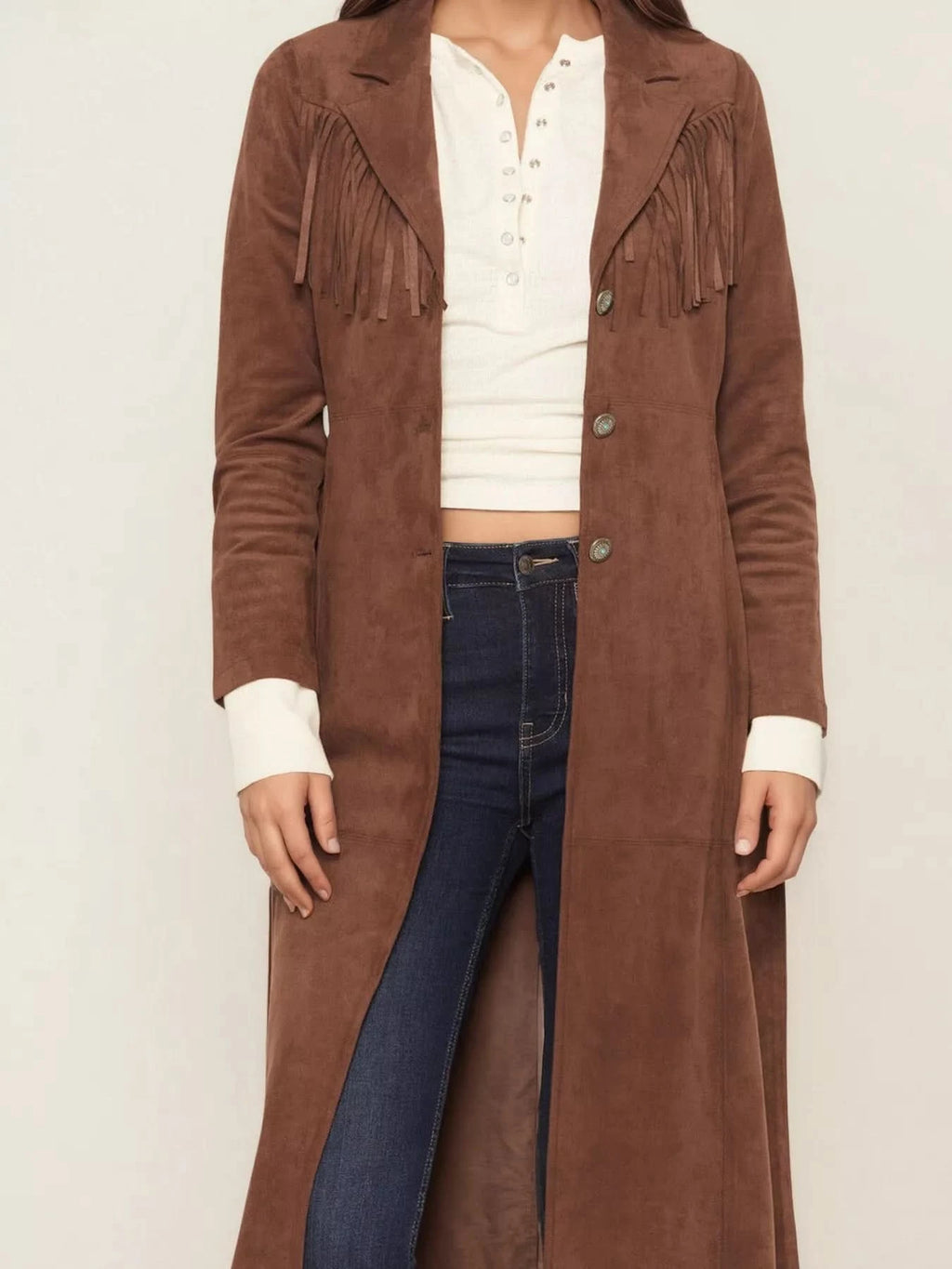 Fringe Lapel Collar Long Sleeve Coat in - photo