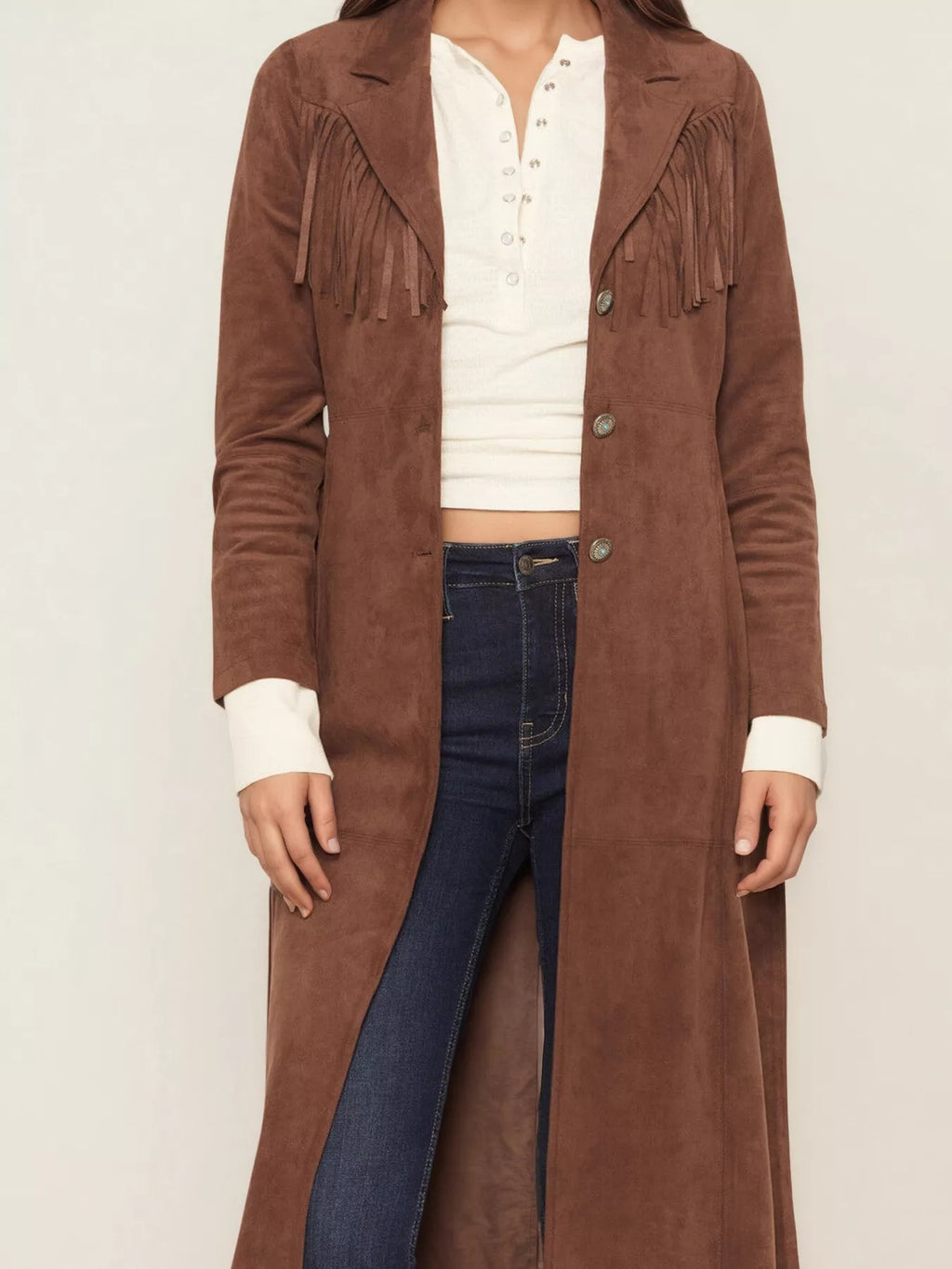 Fringe Lapel Collar Long Sleeve Coat in - photo