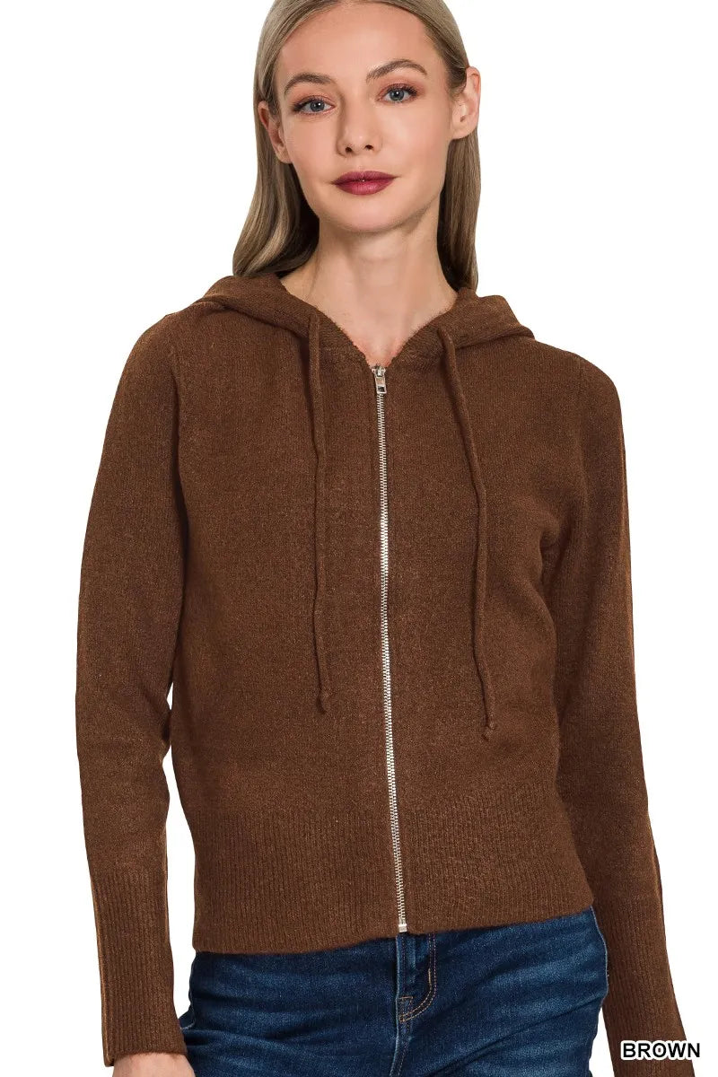 Zenana Drawstring Zip Up Hooded Cardigan in BROWN - photo