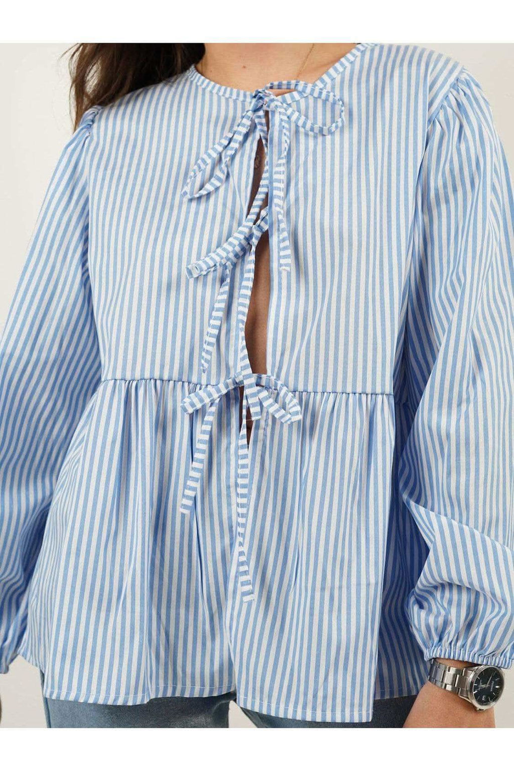 Susan Tied Round Neck Long Sleeve Blouse - SwagglyLife Home & Fashion