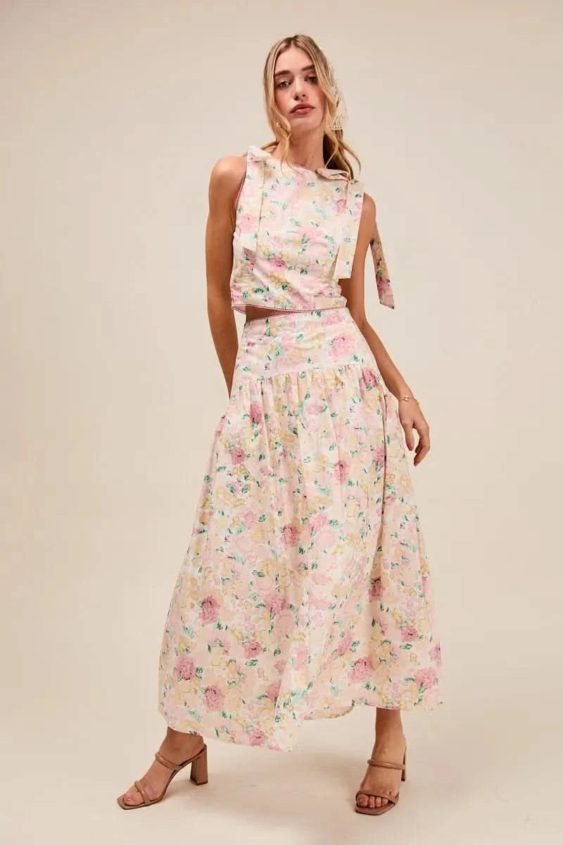 SO ME Floral Printed Woven Shoulder Bow Tie Top and Skirt Set in FLORAL - photo