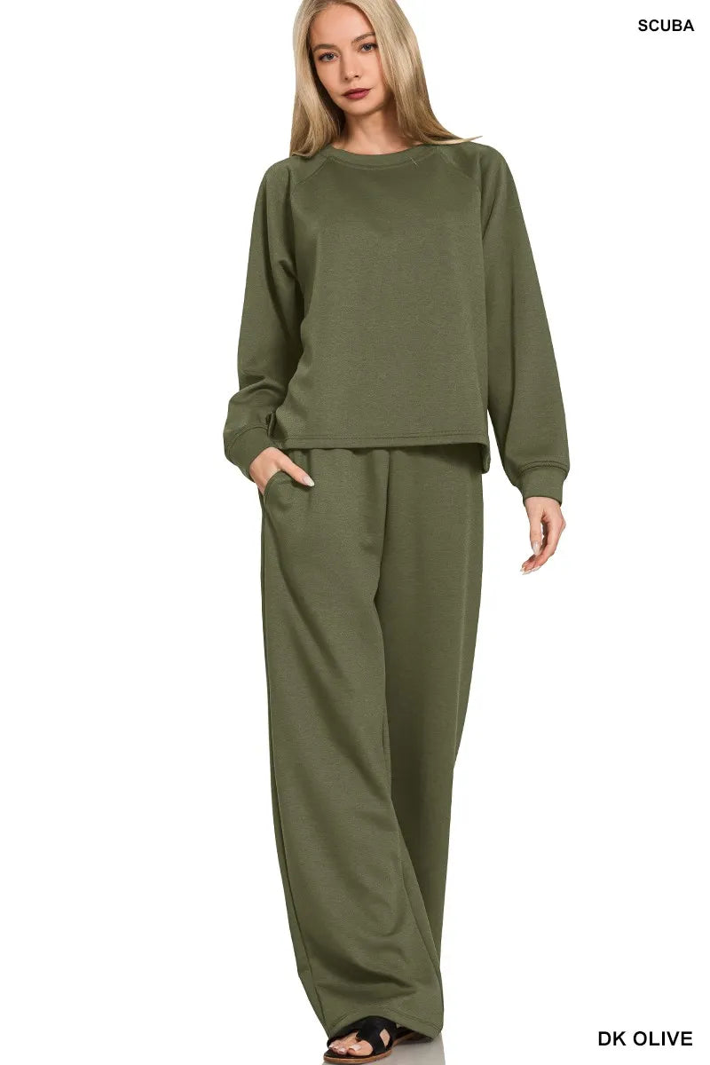 Zenana Scuba Crewneck Sweatshirt and Pants Set in DK OLIVE - photo