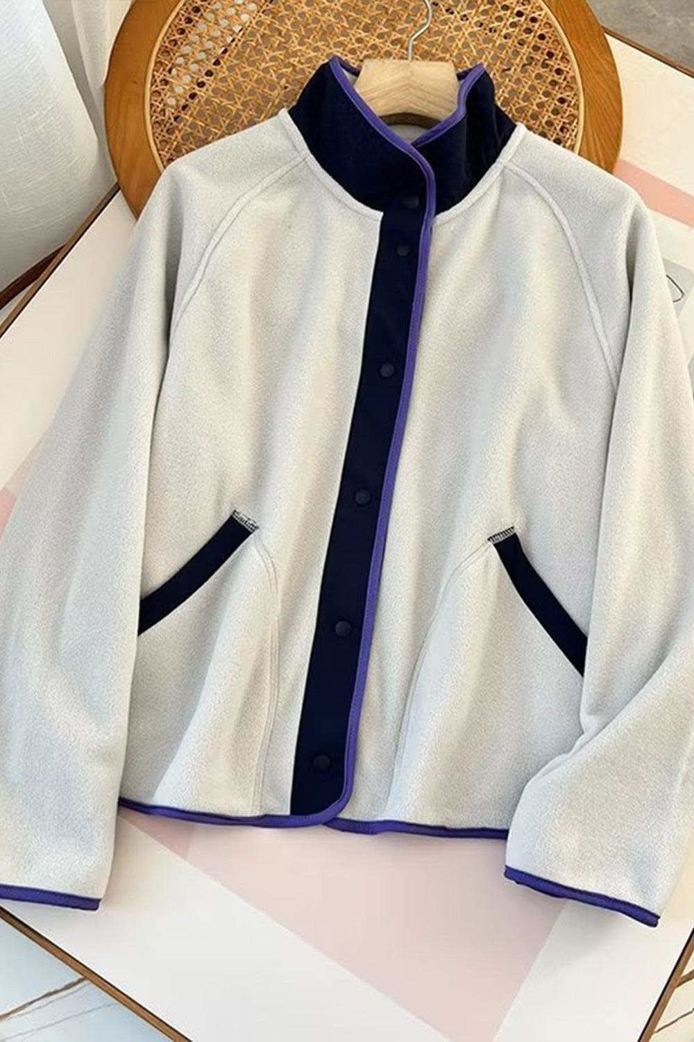 Double Take Snap Down Contrast Fleece Jacket with Pockets in - photo