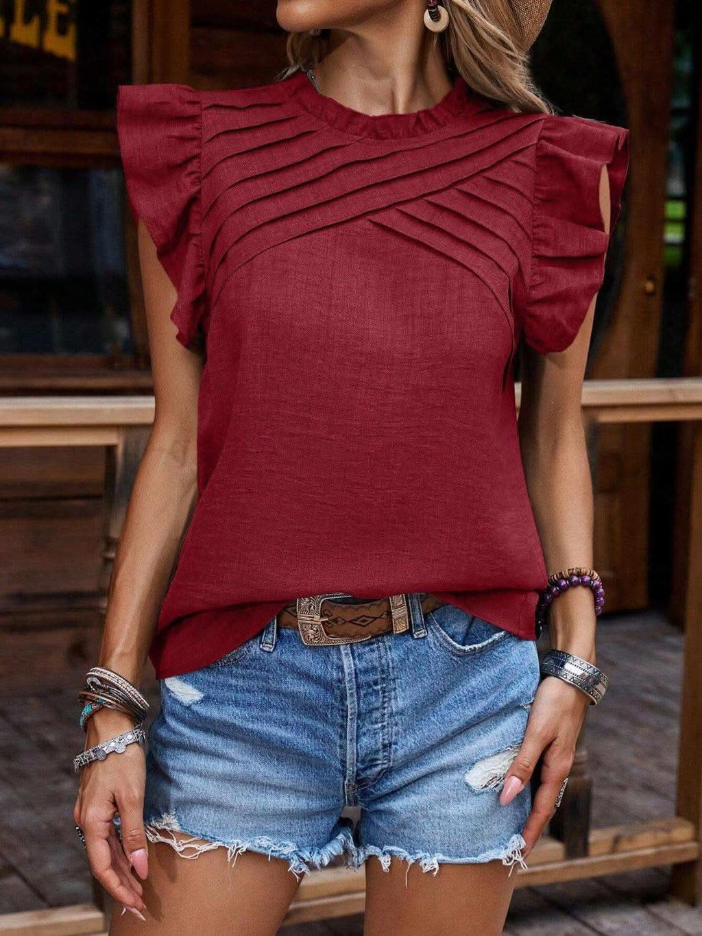 Frill Mock Neck Ruffled Cap Sleeve Blouse - SwagglyLife Home & Fashion
