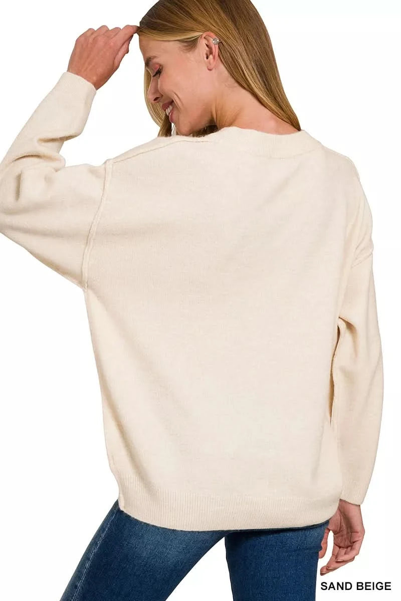 Zenana Melange Front Seam Round-Neck Sweater in - photo