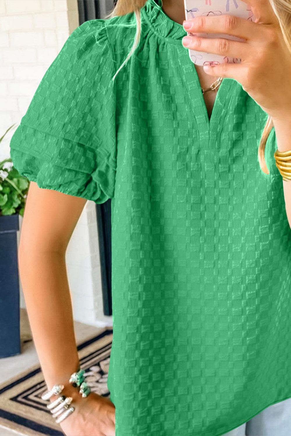 Oh Full Size Frill Notched Puff Sleeve Blouse - SwagglyLife Home & Fashion