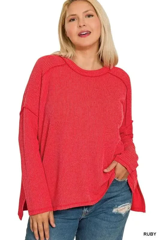 Zenana Full Size Exposed Seam Long Sleeve Corded Rib Knit Top Plus Size in - photo