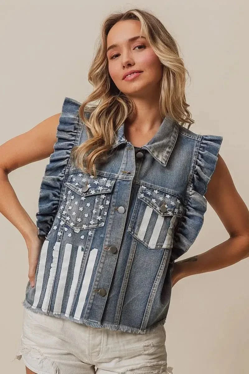 BiBi American Flag Washed Denim Jacket - SwagglyLife Home & Fashion