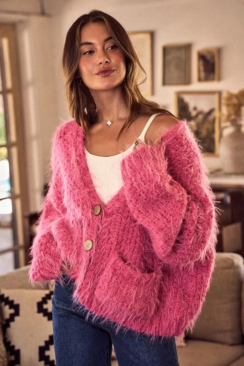 SO ME Soft Touch Hairy Loose Fit Cozy Sweater Cardigan in - photo