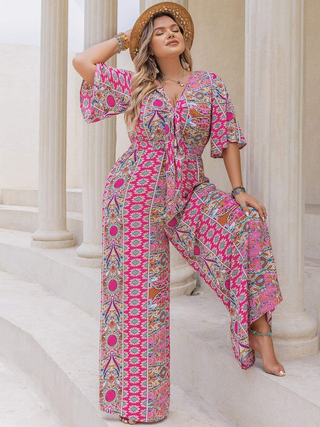 Plus Size Printed Half Sleeve Wide Leg Jumpsuit in - photo