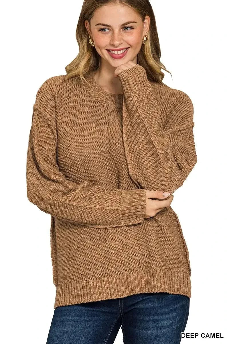 Zenana Exposed Seam Round Neck Sweater in DEEP CAMEL - photo