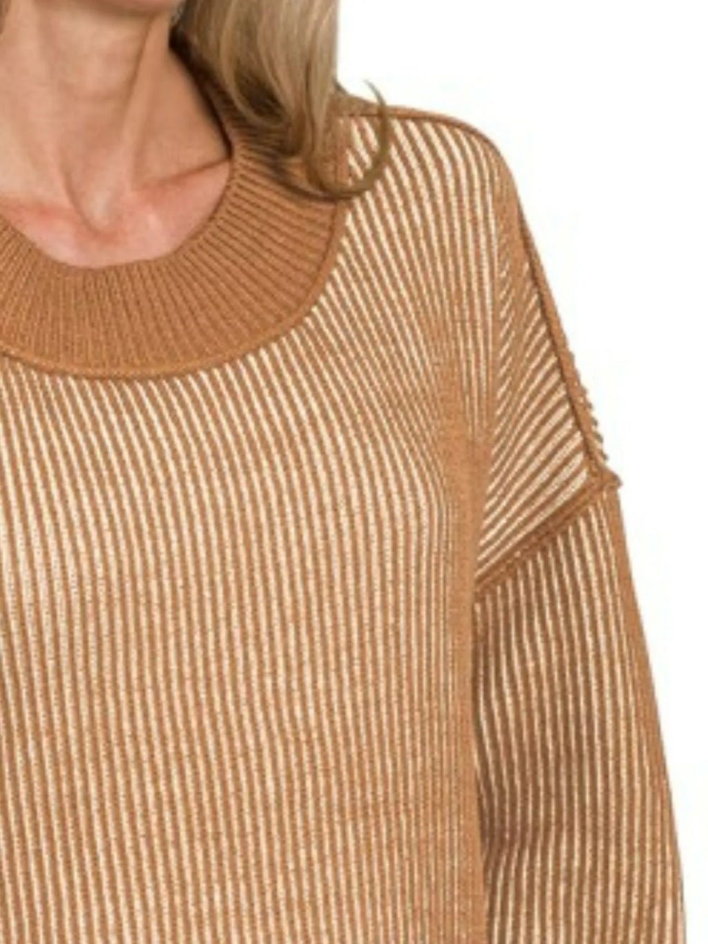 Zenana Exposed Seam Two Tone Ribbed Sweater in - photo