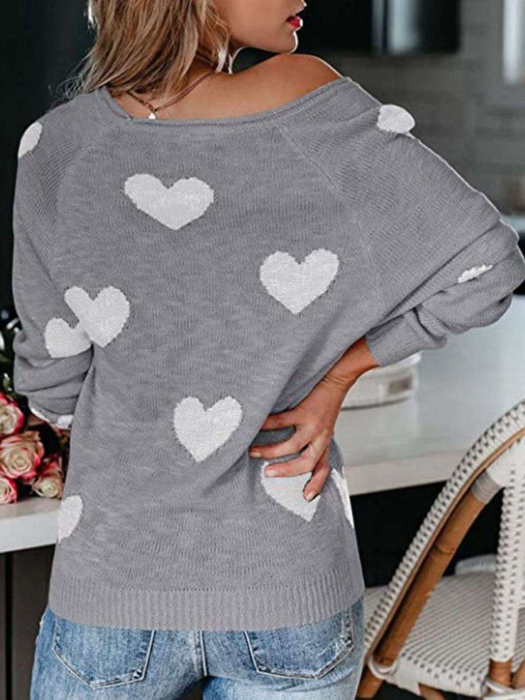 Heart Scoop Neck Long Sleeve Sweater in - photo