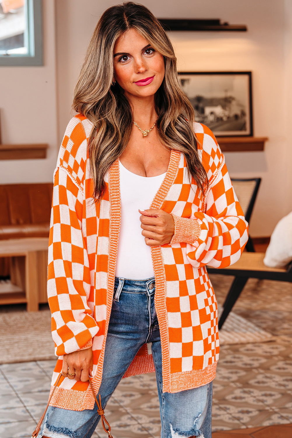 Wrenley Checkered Open Front Drop Shoulder Cardigan - SwagglyLife Home & Fashion