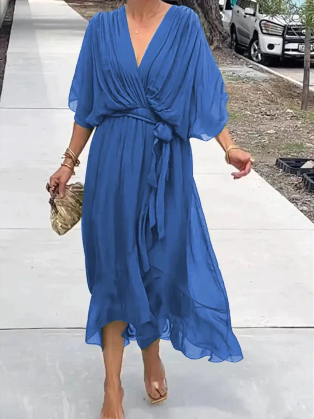 Flowy Tie Front Midi Dress with Flutter Sleeves in Blue - photo
