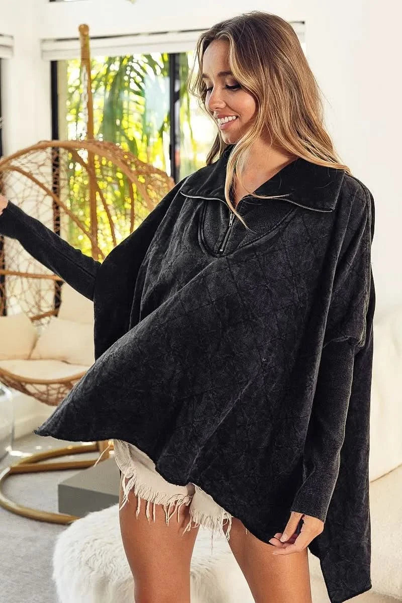 BiBi Vintage Washed Quilted Half Zip Top - SwagglyLife Home & Fashion