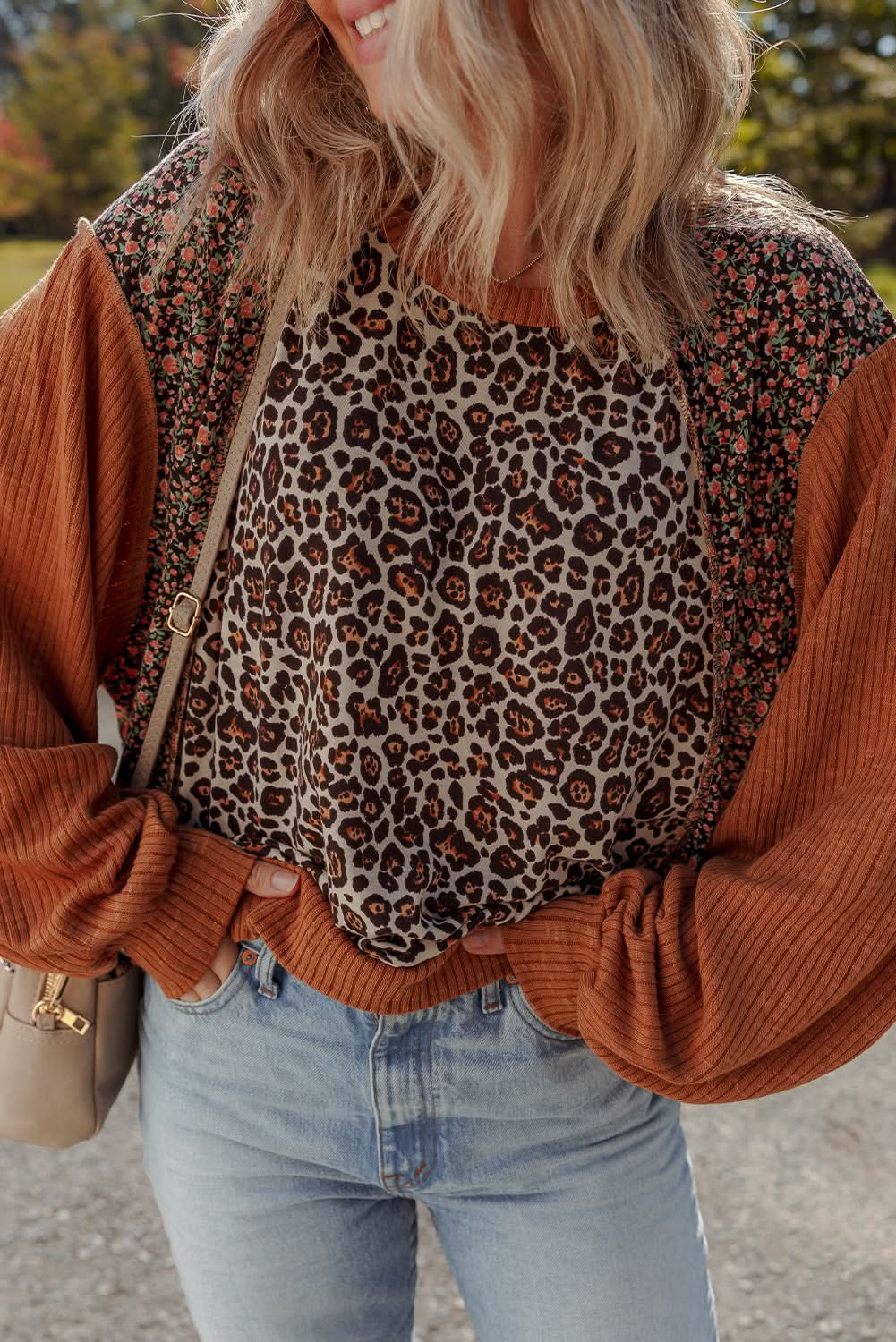 Natalie Leopard & Floral Patchwork Loose Top in - Tops/Long Sleeve Tops photo