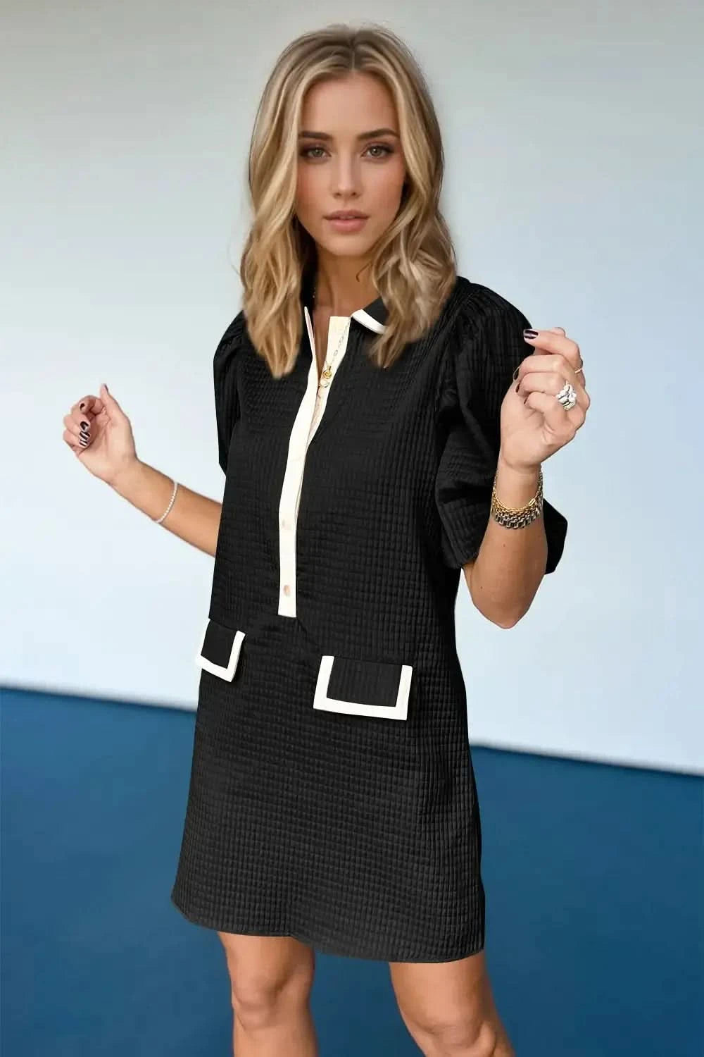 Oh Textured Half Button Puff Sleeve Dress in Black - photo