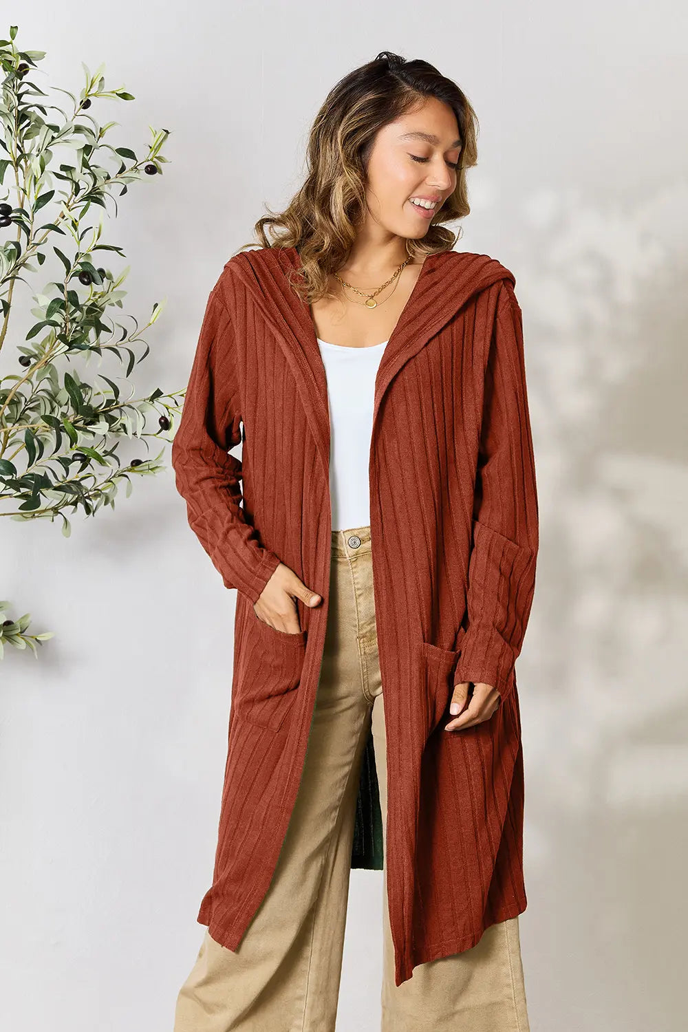 Basic Bae Full Size Hooded Sweater Cardigan in Rust - photo