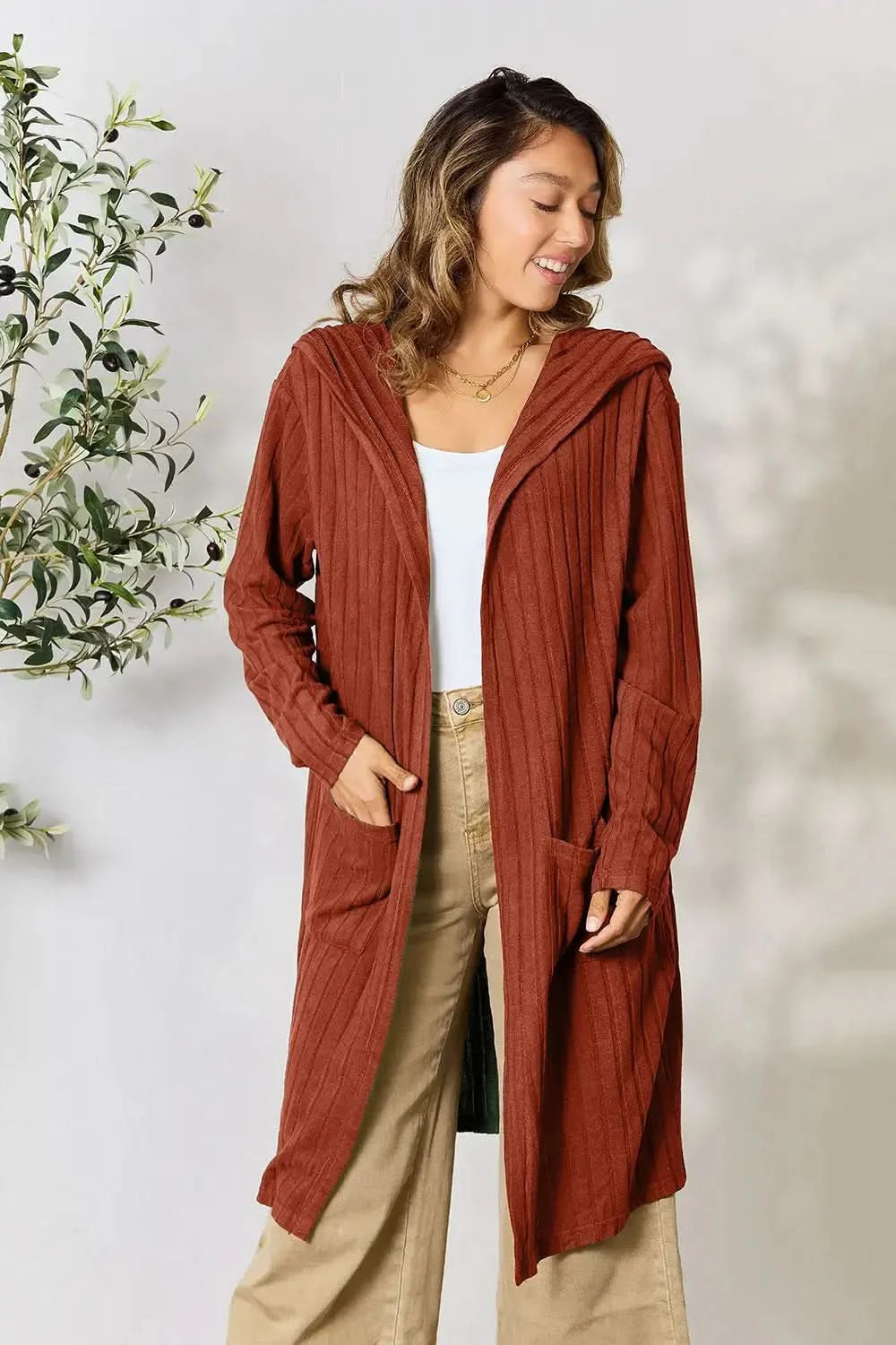 Basic Bae Full Size Hooded Sweater Cardigan in Rust - photo