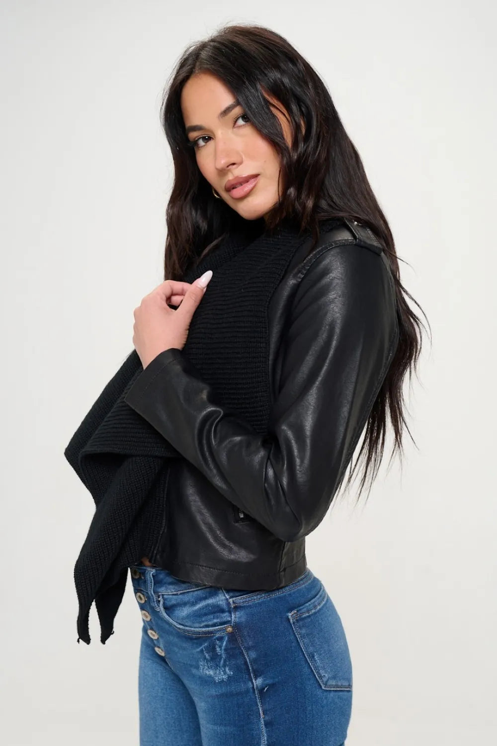 Coalition LA Knit Collared Faux Leather Crop Jacket in - photo