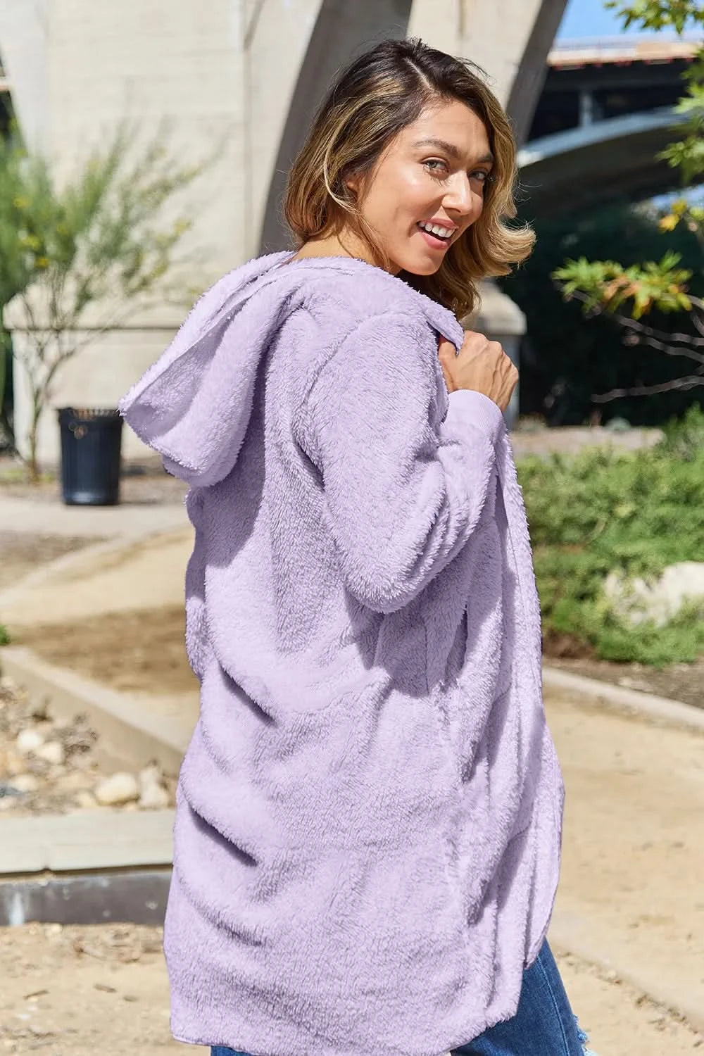 Double Take Full Size Hooded Teddy Bear Jacket with Thumbholes in - photo
