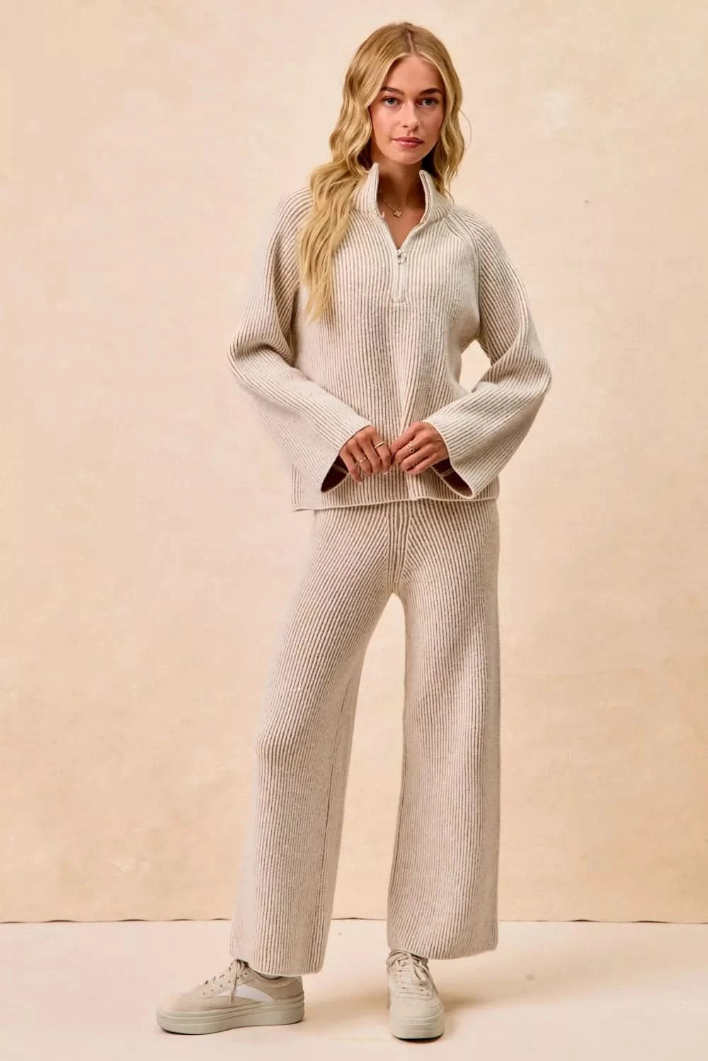 BiBi Two Tone Rib Texured Knit Collared Top with Zip Up in - photo