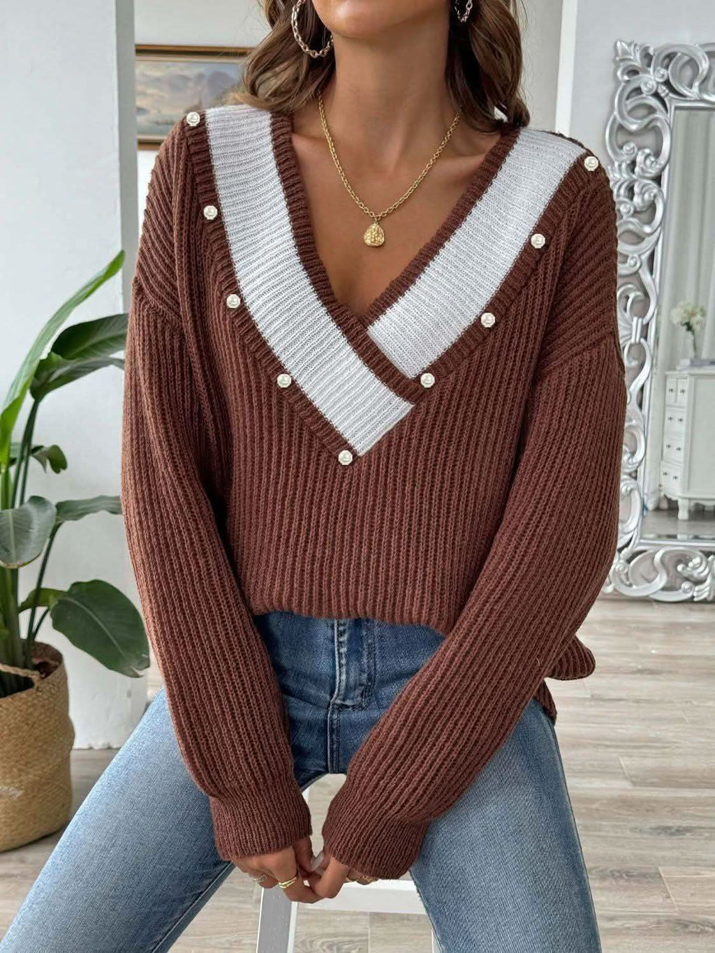 Contrast Trim Dropped Shoulder Long Sleeve Sweater in - photo