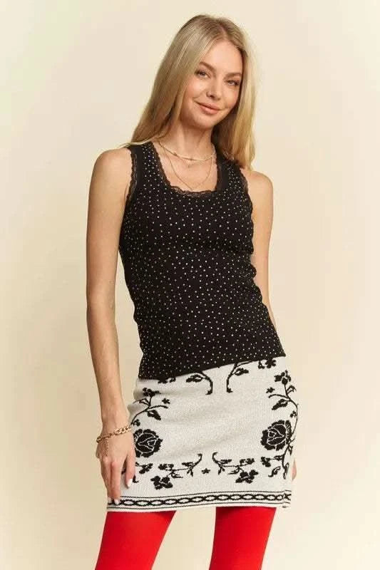Davi & Dani Rhinestone Lace Trim Detail Tank - SwagglyLife Home & Fashion