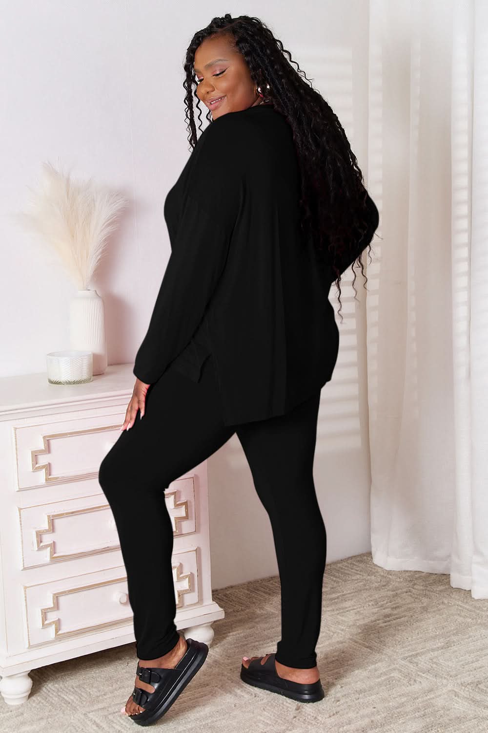 Basic Bae Bamboo Full Size V-Neck Long Sleeve Top and Pants Lounge Set in - Sets photo