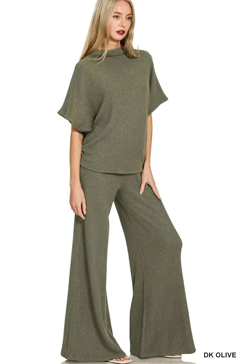 Zenana Mock Neck Top and Pants Sweater Set in DK OLIVE - photo