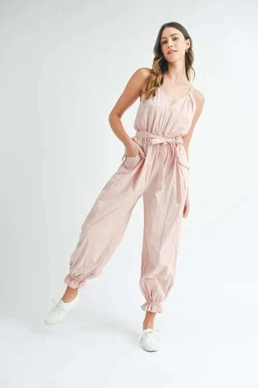 MABLE Washed Fabric Spaghetti Strap Waist Belted Jumpsuit - SwagglyLife Home & Fashion MABLE Washed Fabric Spaghetti Strap Waist Belted Jumpsuit - SwagglyLife Home & Fashion