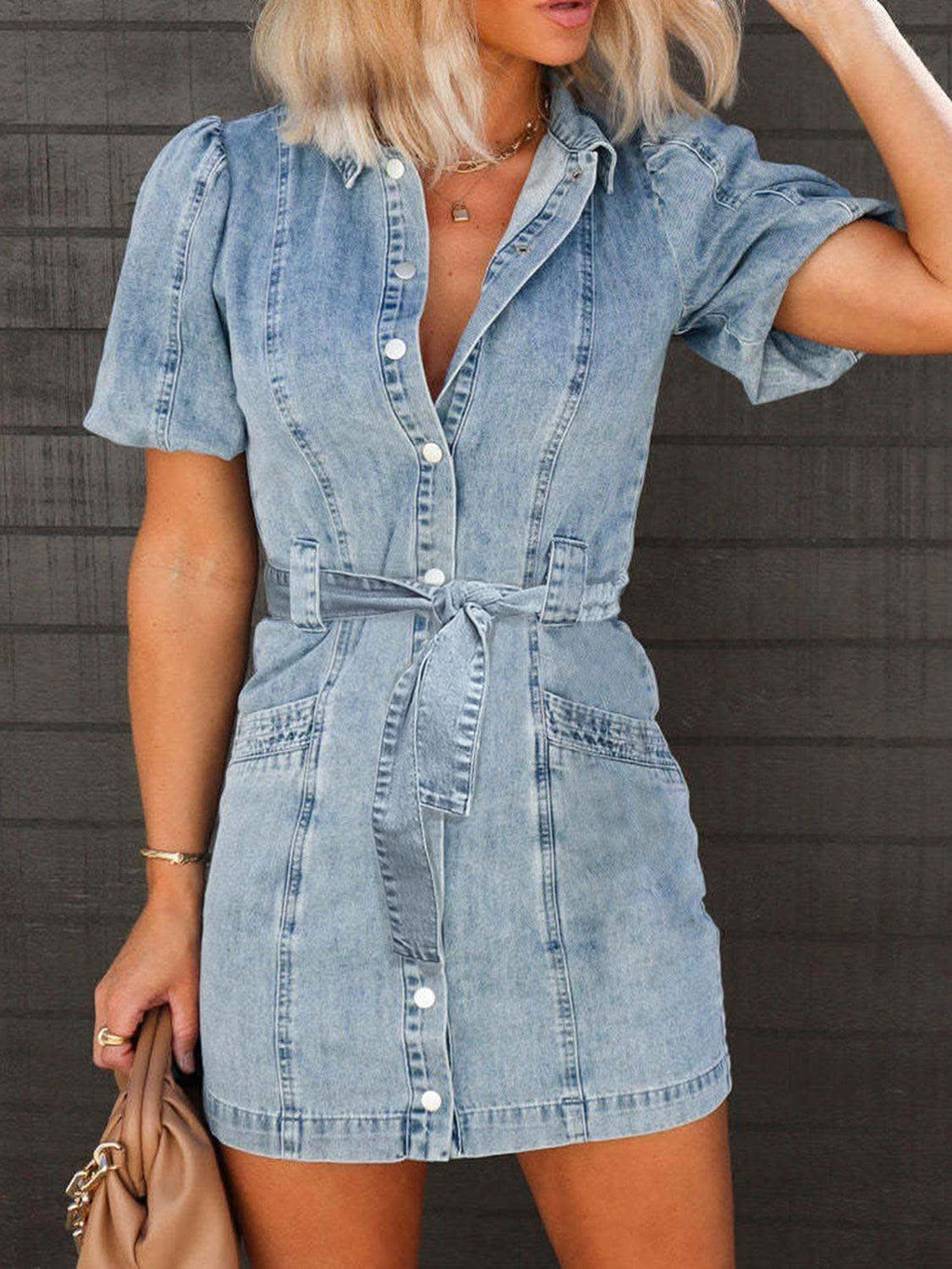 Olivia Puff Sleeve Button Up Mini Denim Dress in Medium L - Dresses photo