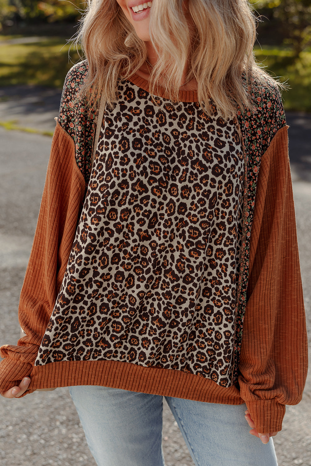 Natalie Leopard & Floral Patchwork Loose Top in - Tops/Long Sleeve Tops photo